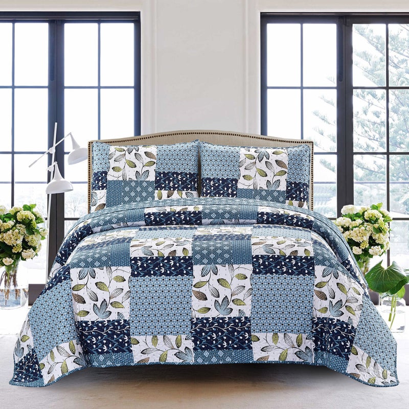 SLPR Pacific Coast 3-Piece Quilt Set - King Size with 2 Shams, Lightweight Quilted Bedspread, Blue and White Floral Patchwork Design, Soft All-Season Bedding for Farmhouse and Bohemian Decor - Image 2